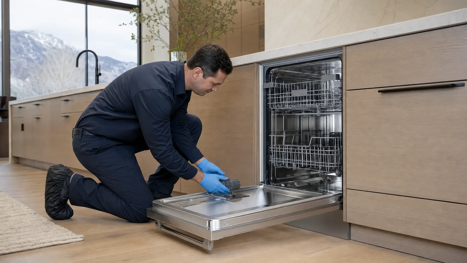 Panel-ready dishwasher prepared for a professional diagnostic visit